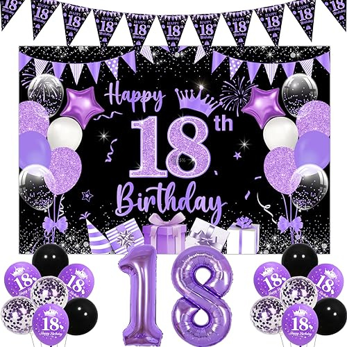 18 Geburtstag Dekorationen für Mädchen Lila Happy 18th Birthday Hintergrund Banner und Luftballons, Lila Schwarz Dreieck Flagge Wimpelkette 18 Folienballon für Sie 18 Jahre alt BDAY