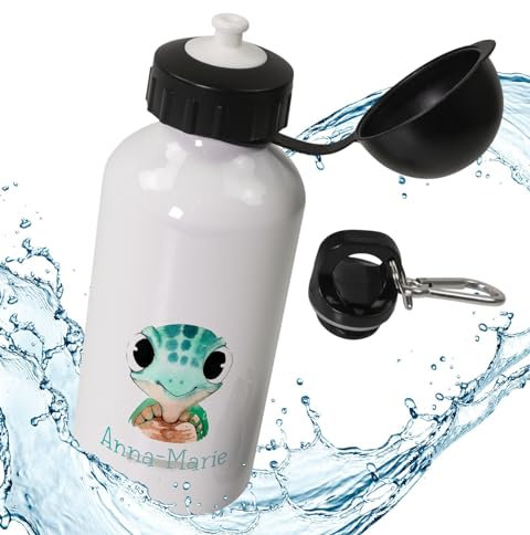 timalo® Aluminium Trinkflasche für Kinder personalisiert mit Namen | auslaufsichere Alu Sportflasche Kindergarten mit Tieren Geschenk für Jungen und Mädchen 600mLB3 | 04-Schildkröte