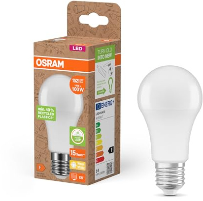 Osram LED STAR CLASSIC A 100 FR LED-Lampe, E27, klassische Kolbenform, weiß, 14W, 1521lm, 2700K, warmweißes Licht, sehr geringer Energieverbrauch, mit recyceltem Kunststoff, 6 - Pack