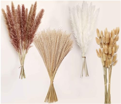 Dried Pampas Grass, Boho Decor 130PCS Natural Phragmites Grass + Brown & White Pampas Grass + Bunny Tails Flowers Bouquet for Wedding Floral Arrangements Home Table Wall, Rustic Farmhouse Party