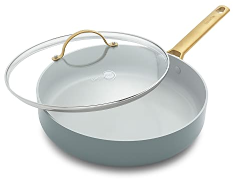 GreenPan Padova Reserve Padella per Sauté Antiaderente in Ceramica Sana Anodizzata Dura da 28 cm/3 Litri con Coperchio in Vetro, Senza PFAS, Induzione, Manico Oro, Lavastoviglie, Forno, Blu Fumoso