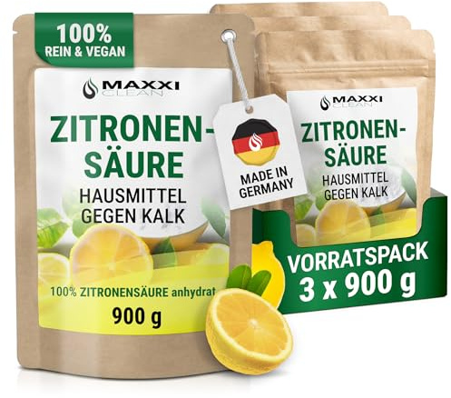 Maxxi Clean | 3x 900 g Zitronensäure Pulver in Lebensmittelqualität | Made in Germany | Hausmittel für Küche, Haushalt & Kosmetik | Citronensäure (100% Reinheit) | Säuerungs,- und Konservierungsmittel