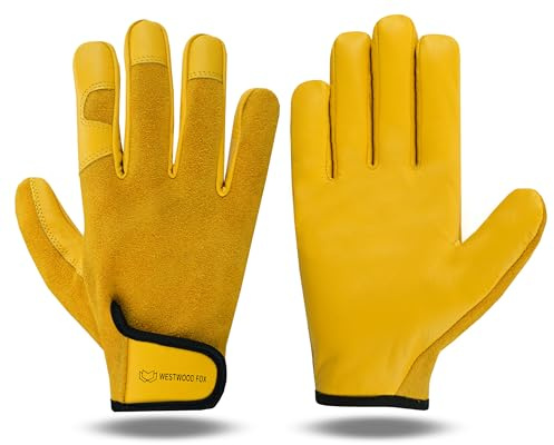 WESTWOOD FOX Arbeitshandschuhe Herren Leder Schnittfeste Handschuhe für Garten Gartenhandschuhe Damen Dornensicher, Gartenhandschuhe Dornenfest Gartenarbeitshandschuhe (Gelb, M)