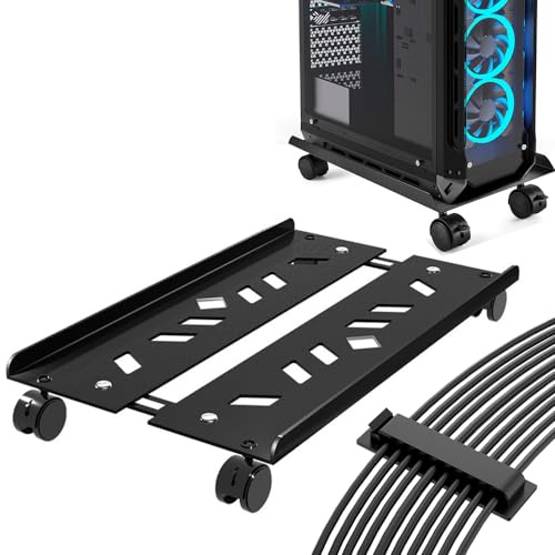 Niciksty PC-Tower-Computerständer Mit 4 Rollenfür, Schwarz | Mit Selbstklebende Kabelführungsclips, Breite verstellbar von 21,5 - 25,5 cm verschiedene PC-Gehäuse, max. 100 kg Tragkraft
