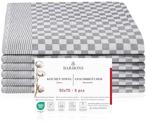 BARBONS 6er Set Geschirrtücher Baumwolle in 50x70 cm - Super saugstarke und robuste Küchentücher 240 g/m2 Oeko Tex - waschbar bis 60°C - in Grau kariert Trockentücher Gastronomiequalität