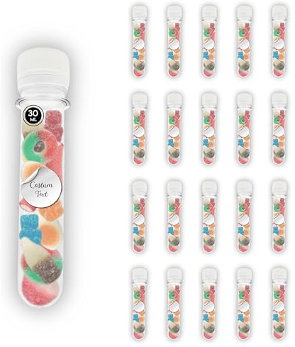 20 Reagenzgläser aus transparentem PET-Kunststoff, 30 ml, mit Deckel, Süßigkeiten und Etikett personalisierbar – Labor, Kunststoffröhrchen, Phiole, sensorische Flaschen – Partys, Blumen, Gewürze