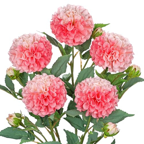 Hollyone 5 Stück Künstliche Dahlien Rosa Kunstblumen Zweige mit Knospen, Dahlie Blumenarrangement Langen Stiel Gefälschte Blume Seidenblume für Vase Tischdeko Hochzeit Heimdekoration