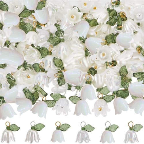 SUNNYCLUE 1 boîte de 120 breloques en Forme de Fleur de Lys Breloques en Forme de Lys Blanc en Acrylique Petites Cloches Florales Printanières Feuilles de Lys de la Vallée Pendentif pour la Fabricatio