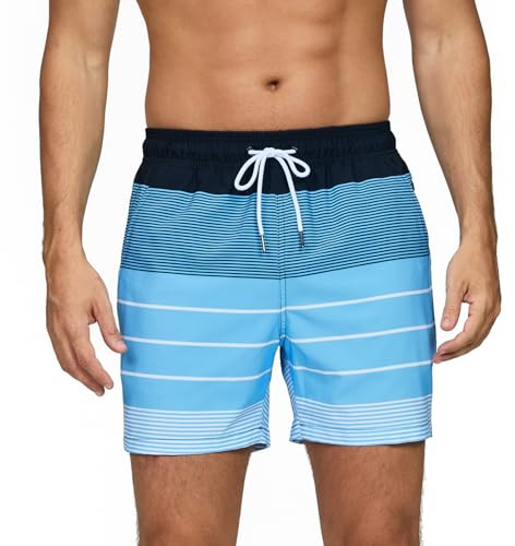 Aisprts Short de Bain Homme avec Poches Zippées Maillot de Bain Déperlant à Séchage Rapide Short de Bain avec Doublure en Mesh et Cordon de Serrage, T2 Rayures Bleu-Blanc, M