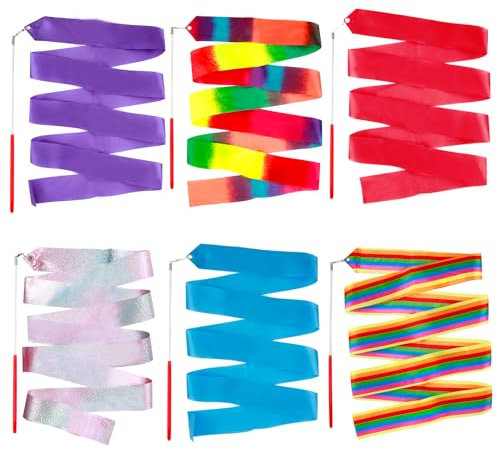 Tweozhui 6-Teiliges gymnastikband mit stab, Kinder Rhythmische Sportgymnastik Band Tanzbänder In Verträumten Farben, Bunte Gymnastikbänder mit Stab, für Künstlerischen Tanz und Talentshows tanzband