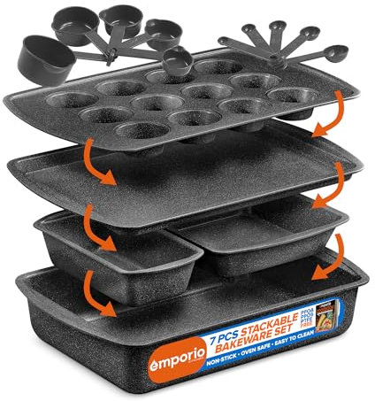 Emporio Kitchen Stapelbares Backformen-Set – Deluxe-Antihaftbeschichtung, weiße Marmorbeschichtung, Karbonstahl-Backformen-Sets, PFOA, PFOS, PTFE-frei, Rezeptheft im Lieferumfang enthalten, ofenfest