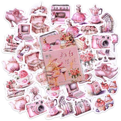 SHANFAA 46 Stück Rosa Vintage Aufkleber, DIY Dekoration Aufkleber Set für Reisekoffer, Laptop, Planer, Kalender, Scrapbook, Koffer, Notebooks, Journal