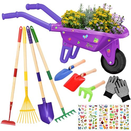 Aragallant Brouette Enfants, 14PCS Ensemble de Jardinage avec Outils de Jardin, Bêche, Râteau, Gants et Accessoires, brouette Jardin Kit de Jeu Éducatif pour Enfants 3 Ans