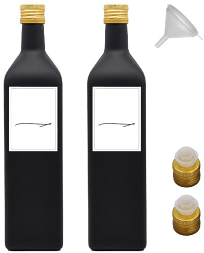 Generisch Ölflasche 1 Liter schwarz zum befüllen inkl. Deckel und Ausgießer mit wasserfesten Etiketten (Gold, 2x1 Liter)