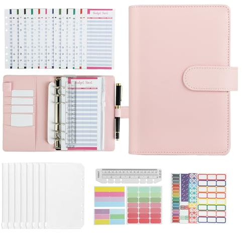 Budgetpärm A6, budgetplanerare med 12 budgetark och 8 genomskinliga blixtlåsfickor, lämplig för förvaring av kontanter, frimärken, kuponger etc. (rosa)