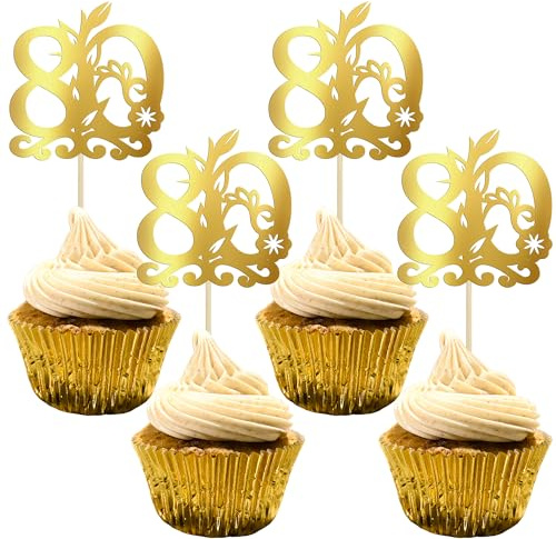 Gyufise 24Pcs Happy 80th Birthday Cupcake Toppers 80 Fabulous Cake Topper Cheers to 80 Cake Decoration for 80th Birthday Anniversary Party Decoration Supplies Gold