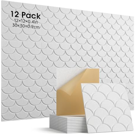 Woovio Acoustic Wall Panels, 12 Pack Self-Adhesive Sound Proofing Panels, High Density Sound Dampening Panels For Door Ceiling Recoding Studio Gaming Room 30x30x0.9cm White