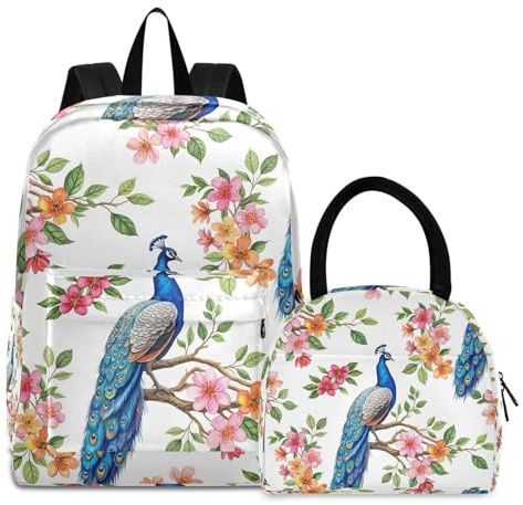 RPLIFE Mochila de picnic impermeable para niños, con bolsa de almuerzo, pavos reales azules, flores coloridas