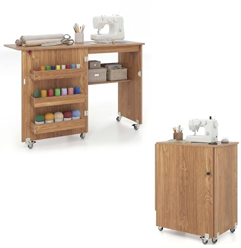 RELAX4LIFE Tavolo da Cucito Pieghevole con Ampio Piano del Tavolo, 3 Vani, Ripiano Portaoggetti,Mobiletto Salvaspazio con Ruote per Ago, Filo e Forbici (Naturale, Senza Prese)
