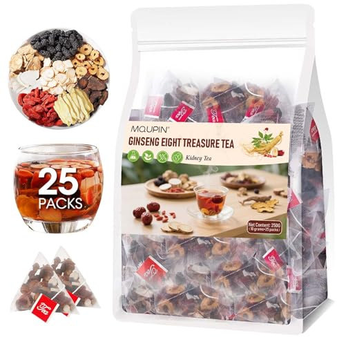 25 Packs Ginseng Tea,Ginseng Eight treasure tea（250g）,Eight Formulations,Super Kidney Cleansing Detox Tea for Men and Women，100% Natural Roots and Berries Boost Energy and Stamina,Improve sleep