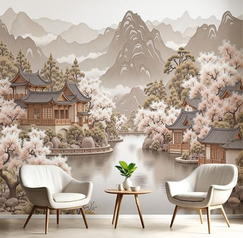 Fototapete Premium Pink Brown - Pfirsichblütenberg - 150X105Cm (Bxh) - Fototapeten Tapeten Moderne Wand Dekoration Xxl Wandtapete Chinesische Retro-Architektur Motivtapeten Schlafzimmer Wohnzimmer