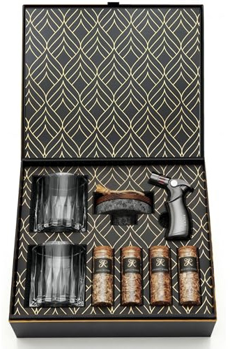 Cocktail Smoker Set aus Granit mit Brenner – Premium Whisky Räucher Set für Old Fashioned & Bourbon – Cocktail Räucherkit mit 4 Holzchips Aromen – Bar Zubehör Geschenk für Whisky Liebhaber