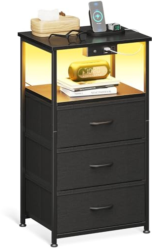 Coleshome Schwarz Stoff Nachttisch, 2 USB, 1 Steckdose, LED-Beleuchtung | Nachttisch mit 3 Stoffschubladen, Nachttisch 30cm Breit, Robuster Stahlrahmen und Holzplatte, 40 x 30 x 70cm