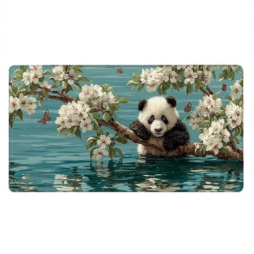 Tappetino Mouse Gaming XXL, 1800x900x3mm Grande Tappetino Scrivania Cuciti Base in Gomma, Mouse Pad Impermeabile Antiscivolo, PC Desktop Ufficio, Migliora Precisione Velocità (Panda Fiori) xR7-861