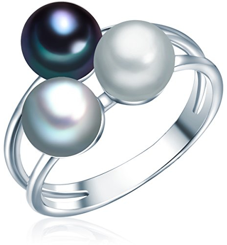 Valero Pearls Damen-Ring Hochwertige Süßwasser-Zuchtperlen 6-7 mm Button grau/silbergrau/pfauenblau 925 Sterling Silber - Perlenring
