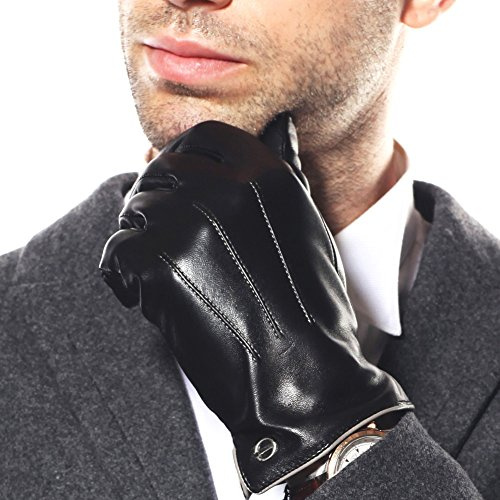 ELMA Winter Leather Gloves for Men - Mens Luxury Sheepskin Warm Thick Cashmere/Fleece Lined Cold Weather Glove Best for Driving Riding Running Cycling Color (Black,9.5)