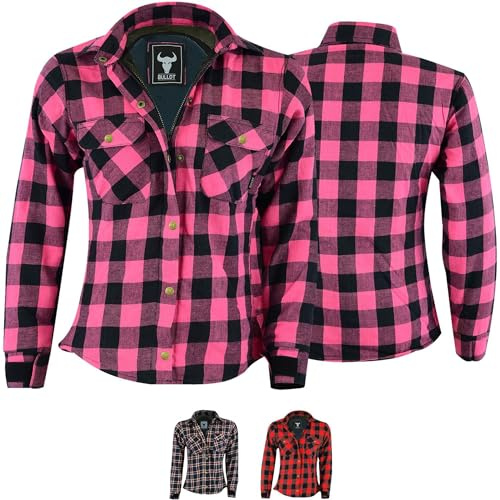 BULLDT Motorradhemd Damen mit abnehmbare 4CE-Protektoren (EN 1621-1) - Klassisch 100% Baumwolle Holzfäller Flanellhemd - Biker Motorradjacke mit Aramid-Kevlar-Futter bietet 360° Schutz Rosa - XL