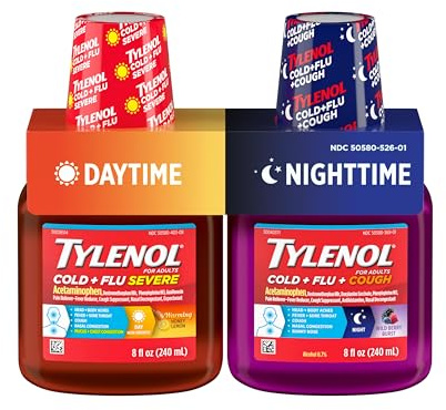 Tylenol Cold + Flu Severe Daytime & Nighttime Liquid Cough Medicine with Acetaminophen Pain Reliever & Fever Reducer, Nasal Decongestant & Antihistamine, Value Pack, 2 ct. of 8 fl. oz