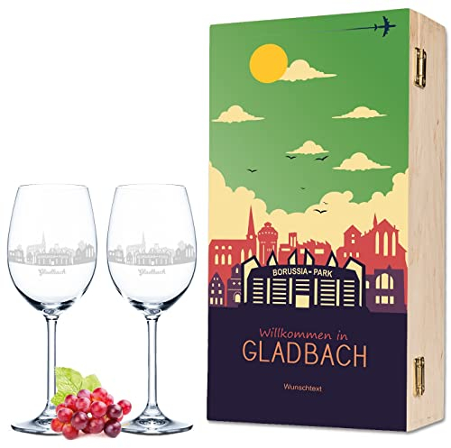 Leonardo Weingläser mit Gravur - Skyline Gladbach als Set - Personalisiert mit Wunschtext inkl. bedruckter Holzkiste - Souvenir Andenken & Mitbringsel - Geschenk für Sie & Ihn