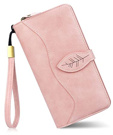 Conisy Geldbörse Damen, Portemonnaie Leder mit RFID Schutz, Lang Clutch Geldbeutel mit Handyfach (Rosa)