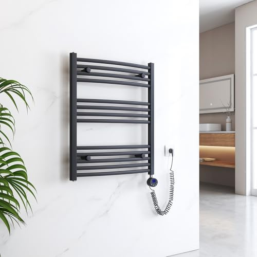 EMKE Badheizkörper Elektrisch 750x600 mm - Gebogen Handtuchheizkörper Elektrisch, Elektrischer Handtuchwärmer Handtuchtrockner Handtuch Heizkörper Bad mit Thermostat und Heizstab - 300W, Anthrazit