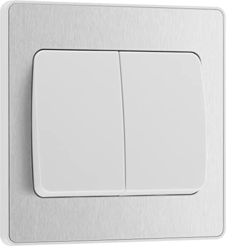 BG Electrical Double Wall Light Switch, Wide Rocker, 2 Way, Screwless Front Plate, Round Edges, Evolve, Brushed Steel, 20A, 16AX, PCDBS42WW
