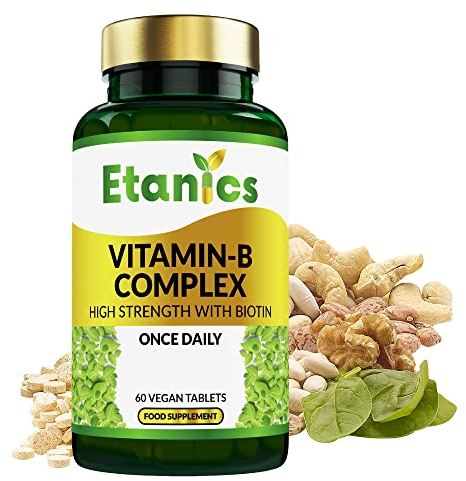 Etanics Vitamin B Complex High Strength - 60 Vegan Tablets – Contains All 8 B Vitamins in 1 Tablet - Vitamins B1, B2, B3, B5, B6, B12, Biotin & Folic Acid Supplement - Etanics – Made in The UK