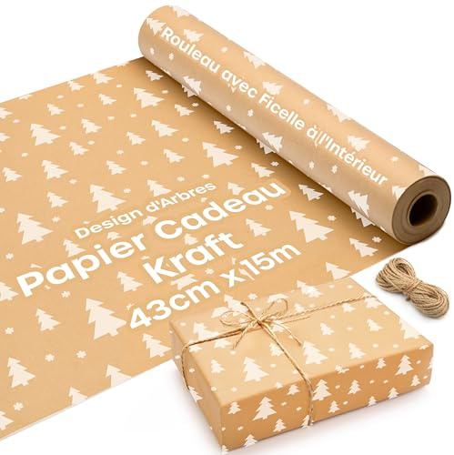 Papel Regalo Navidad Kraft con Diseño de Árboles - Rollo de Papel Regalo de 15 m x 43 cm con 2 Cuerdas de Yute - Ideal Como Papel Regalo Rollo y Papel de Regalo Navidad.