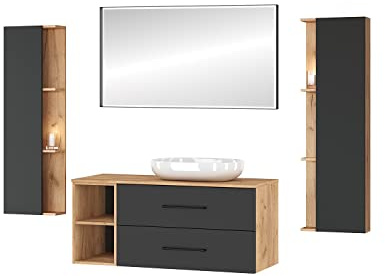 Planetmöbel Badmöbelset Waschtischunterschrank LUX 120 cm | Gold Eiche / Anthrazit OHNE Waschbecken mit 2x Seitenschrank Gold Eiche / Anthrazit