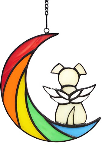 Lcensp Stained Glass Rainbow Bridge Dog Memorial Gifts for Loss of Dog Sympathy Remembrance Suncatcher, Angel Wings Pet Loss Bereavement Gifts in Memory of Pet Passing Away Window Hanging.