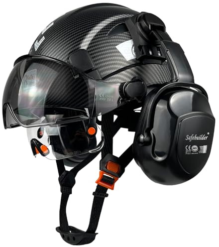 SAFEBUILDER Construction Safety Helmet with Visors Clear & Tinted Earmuffs Hearing Protection Industrial Work Hard Hat for Engineer (01-Matte Black Helmet with Clear&Tinted Visor& B07Earmuffs)
