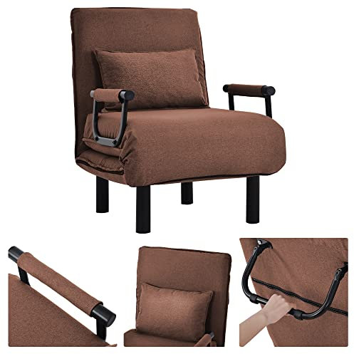 Schlafsessel 3 in 1, Schlafsofa mit Bettfunktion, Klappsessel mit 6 stufig Verstellbarer Rückenlehne&Abnehmbarem Kissen&Armlehnen, Sofabett mit Metallrahmen bis 150 kg belastbar,Brown
