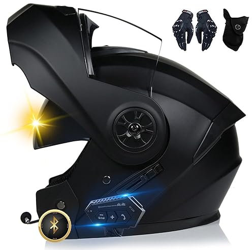 Bluetooth Motorradhelm, Vollvisierhelm mit 2 Fahrern Helm Bluetooth Intercom DOT/ECE Genehmigt, Leicht, Klapphelm mit Doppelvisier, Modularer Helm für Erwachsene Männer Frauen S~XL