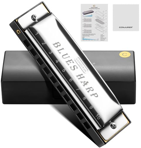 CONJURER Blues Mundharmonika für Kinder und Anfänger, Diatonische Mundharmonika mit 10 Löchern, C-Dur, Messingrohr, Metallmundharmonika, C-Ton, Bluesharp mit Etui, Silber