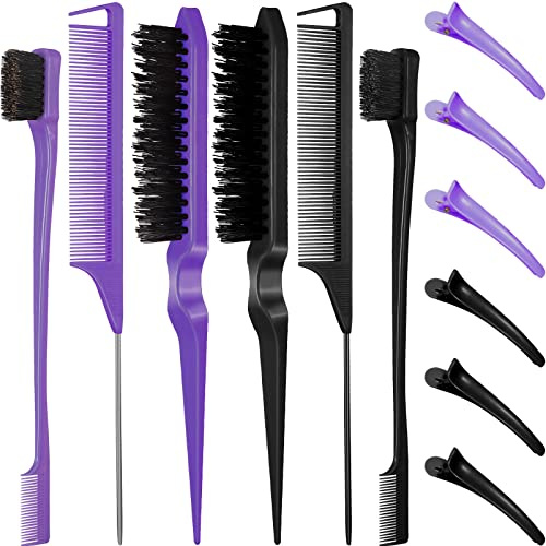 12 Stück Haarbürsten-Set, Nylon Teasing Haar Bürsten 3 Row Salon Teasing Brush, Double Sided Hair Edge Brush Smooth Comb Grooming, Rat Tail Kämme mit Duckbill Clips für Frauen Mädchen (Schwarz, Lila)-