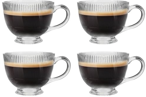 Dibor Glass Coffee Mugs Set Bevelled Glass Coffee Cup Set with Handle (4) | Hand Wash, Hot Chocolate, Tea, Coffee, Mid-Century, Modern, Contemporary, Glassware