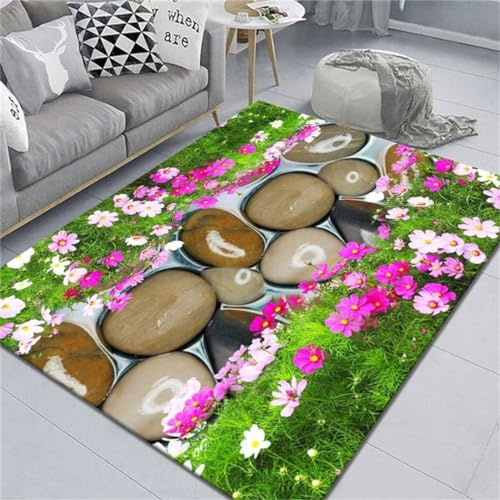 Teppich fußbodenheizung geeignet flokati Teppich waschbar pflegeleicht Lila Blume grünes Gras dekorative Landschaft Muster verschleißfest Teppich rund kinderzimmer 180X250CM