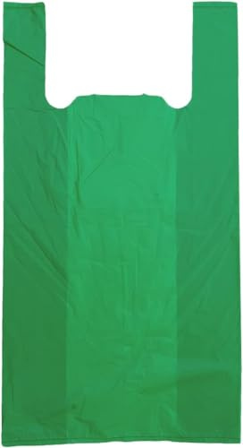 100 x Green Vest Style Plastic Carrier Bags 11 x 17 x 21, Carry Bag for Apparel Shopping Gift Boutique Groceries & Shopping