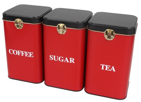 Hylruu Lot de 3 boîtes de rangement en métal rouge avec couvercle noir pour thé, café, sucre, 1000 ml