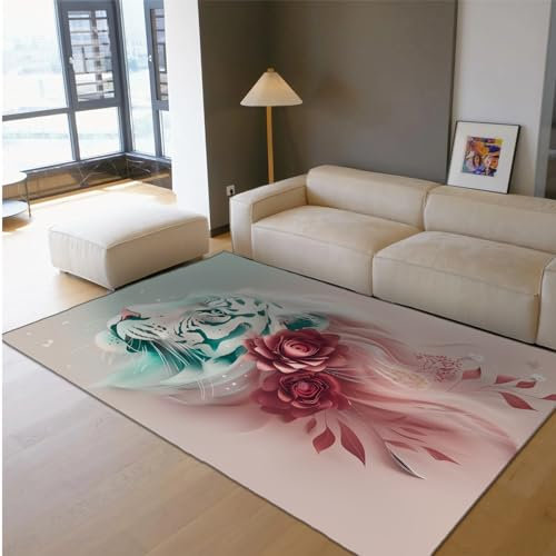 BYLEEHOMED Rosa und Grün Teppich 180x240cm Schwarz und Weiß Tiger Großflächenteppich für Wohnzimmer Schlafzimmer Blumen Design Kunst Liebhaber Wohnkultur